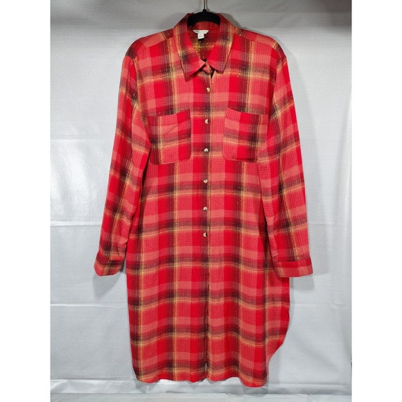 Cato Dresses & Skirts - Cato Plaid Shirt Dress LG Red Gold Metallic Waffle Weave Long Sleeve